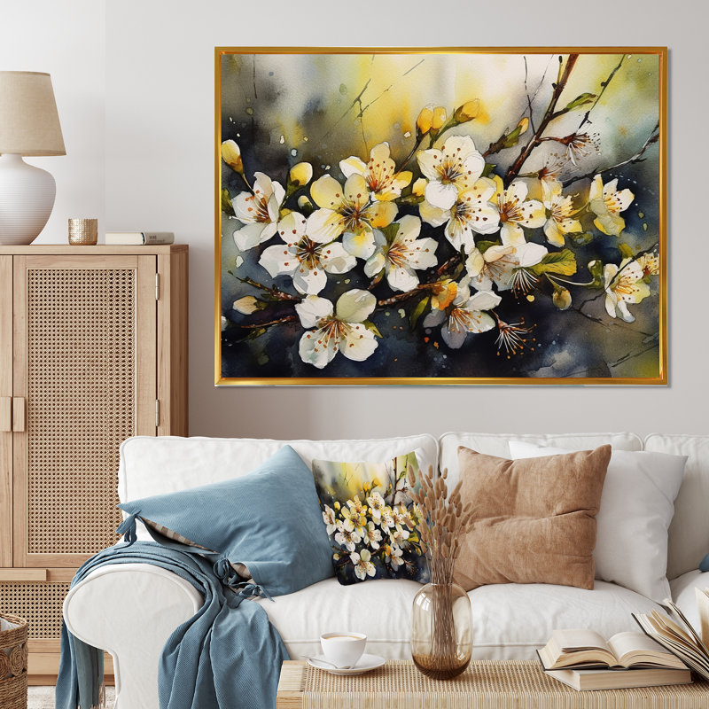 Mélodie du pommier Rozine sur toile, H 34 po x l 44 po x P 1,5 po, Cadre flottant doré