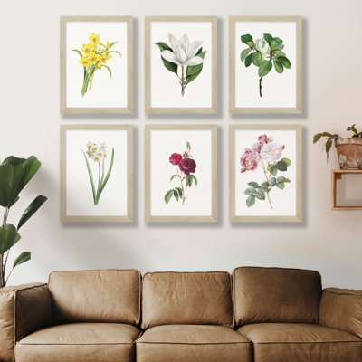 " Vintage Yellow Daffodil Magnolia Pink Rose Floral Prints " 6 - Pieces