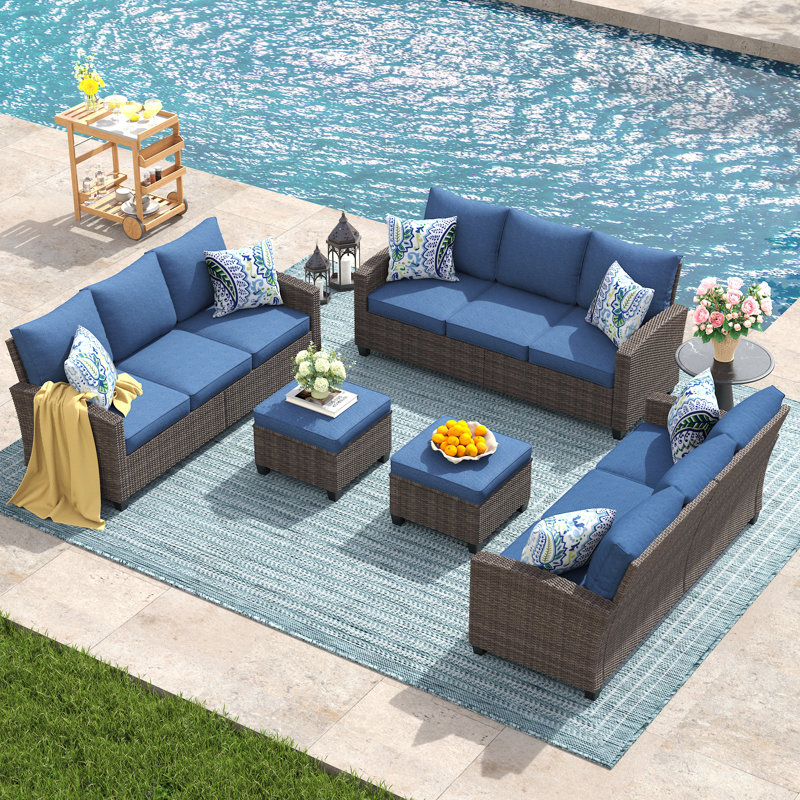 9-Person Patio Conversation Set with 3-seat Wicker Sofas and Ottomans, Slate Blue