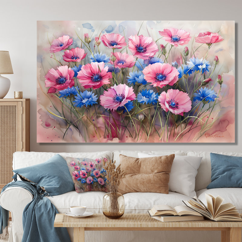 «Blue Blue Delicate Cornflower Petals I» - impression d'art mural bleuets, H 40 po x l 60 po, Toile tendue