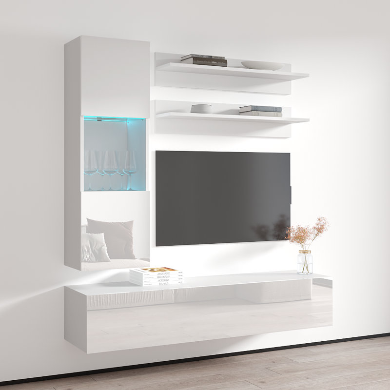 Meuble audio-vidéo mural flottant moderne de 63 po avec éclairage à DEL 16 couleurs Wacker, finition ultrabrillante, blanc