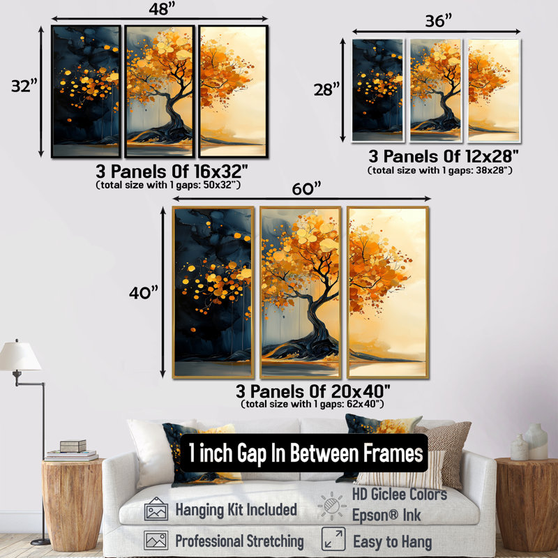 Or et cerisier bleu Silhouette II - ensemble de décoration murale cerisier en fleurs, Toile naturelle avec cadre flottant