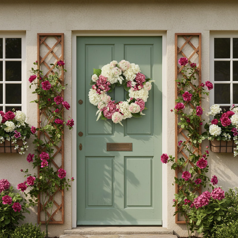 24" Hydrangea Wreath with Ranunculus and Viburnum