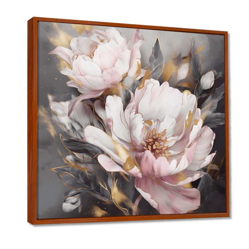 Pink Grey Peonies Elegance II - Print, 16" H x 16" W, Floater Framed, Maple