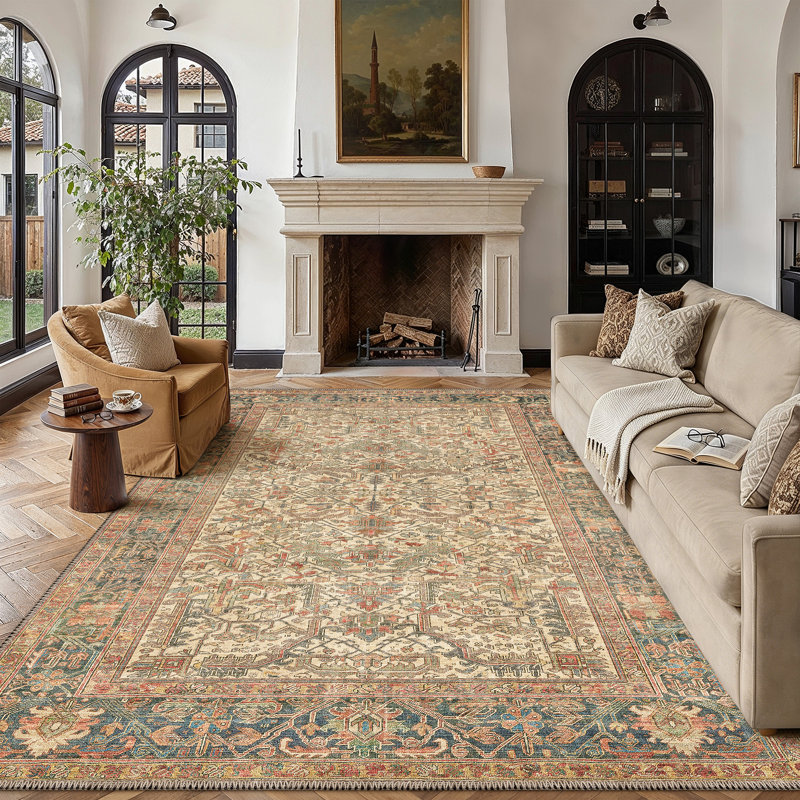 Tapis rétro délavé avec bande antidérapante Aaron, Rectangle 9 pi x 12 pi