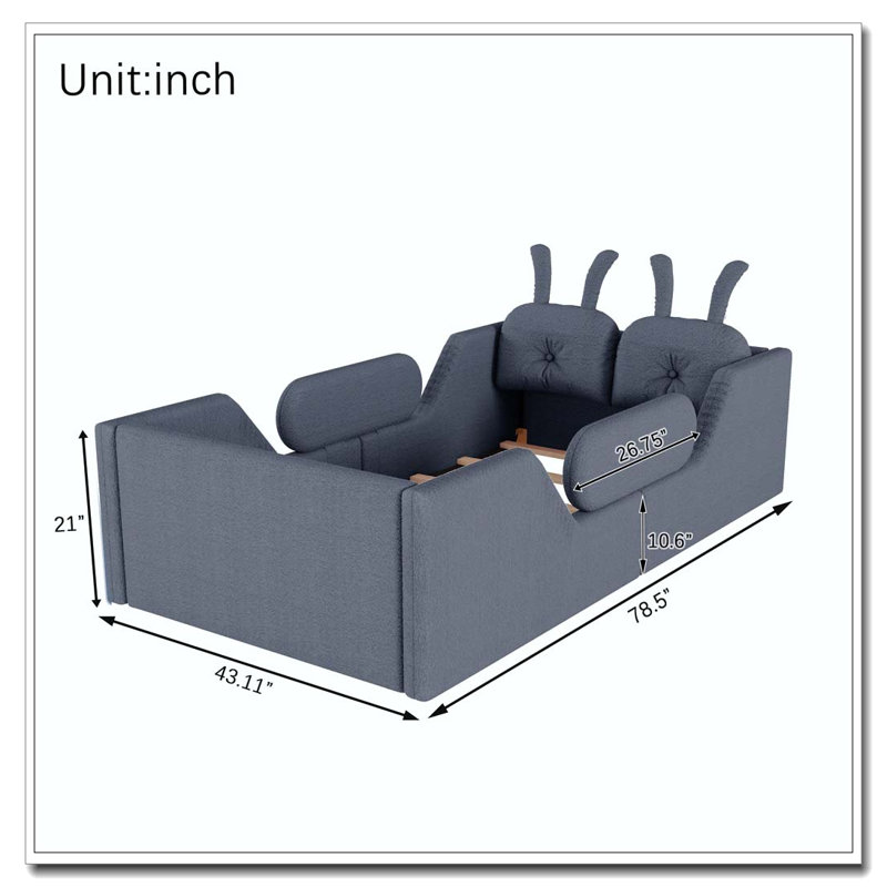 Lit plateforme tapissier simple avec coussin en lapin et rails latéraux amovibles, Gris