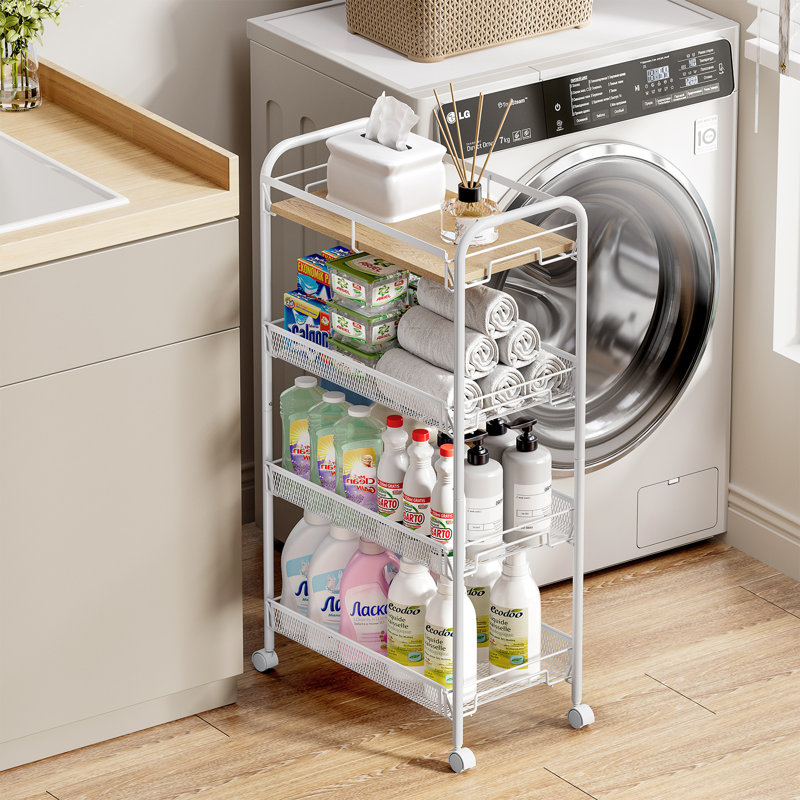 4-Tier Rolling Cart,Metal Utility Cart with Wooden Tabletop,Salon Trolley Cart,Storage Cart,Metal Cart,Printer Stand, White