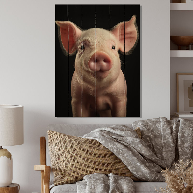Cochon rose curieux - reproduction d'animaux sur bois de pin naturel, H 20 po x l 10 po x P 0,78 po