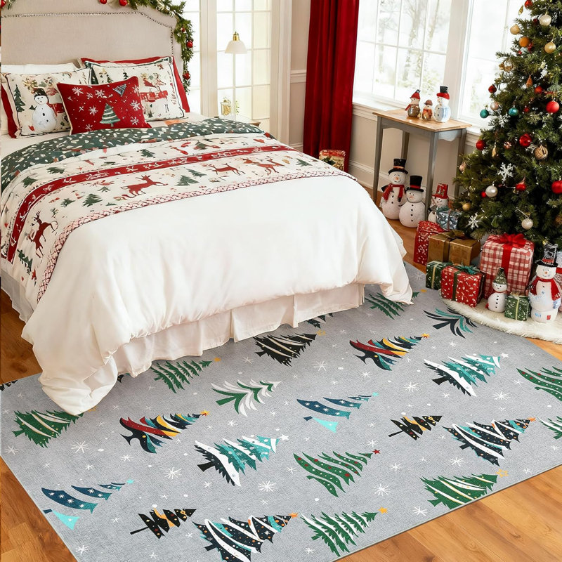 Runner Rug, Washable Rug for Home Decor, Indoor Non Slip Carpet, Soft Low Pile Christmas Rugs with Xmas Tree Motif for Kitchen, Entryway, Living Room, Bedroom