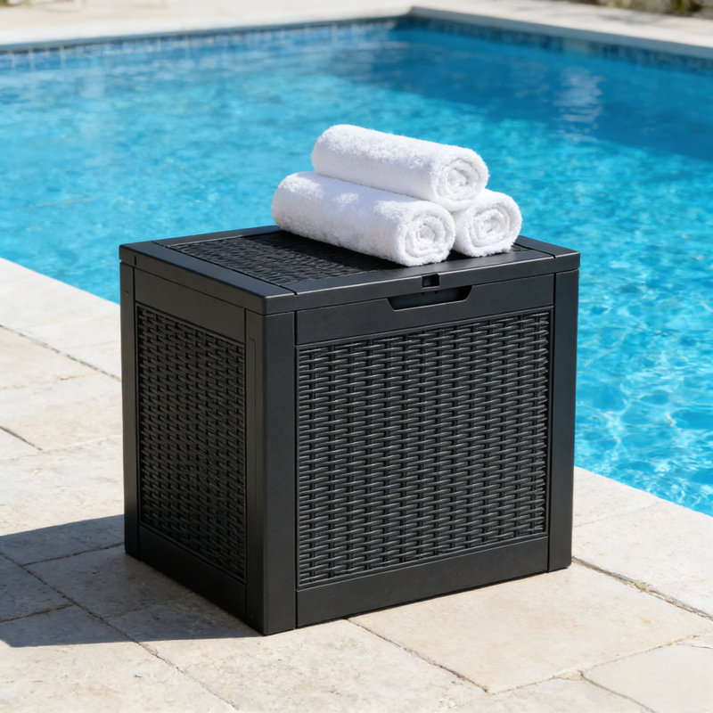 30 Gallon Rattan-style Lockable Deck Box, Water Resistant Resin, Black