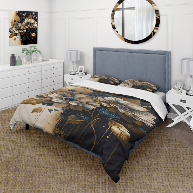 Ensemble de housse de couette à motif de marguerites bleues et bleues - bleu et doré