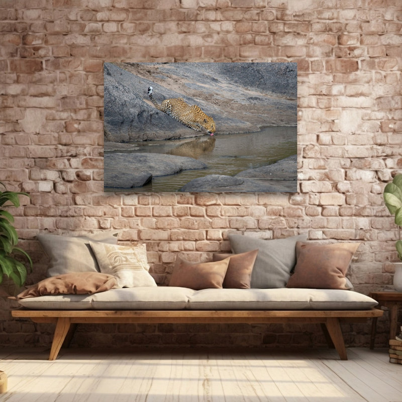 Leopard Drinking Water Abstract Contemporary Cat Animal Nature Wall Art Print, 101.6cm H x 152.4cm W