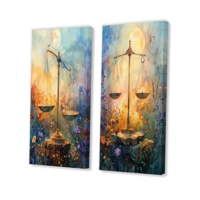 Ensemble d'œuvres murales 2 pièces jaune et bleu Astrology, H 28 po x l 24 po, Toile tendue sur cadre, Ne s’applique pas
