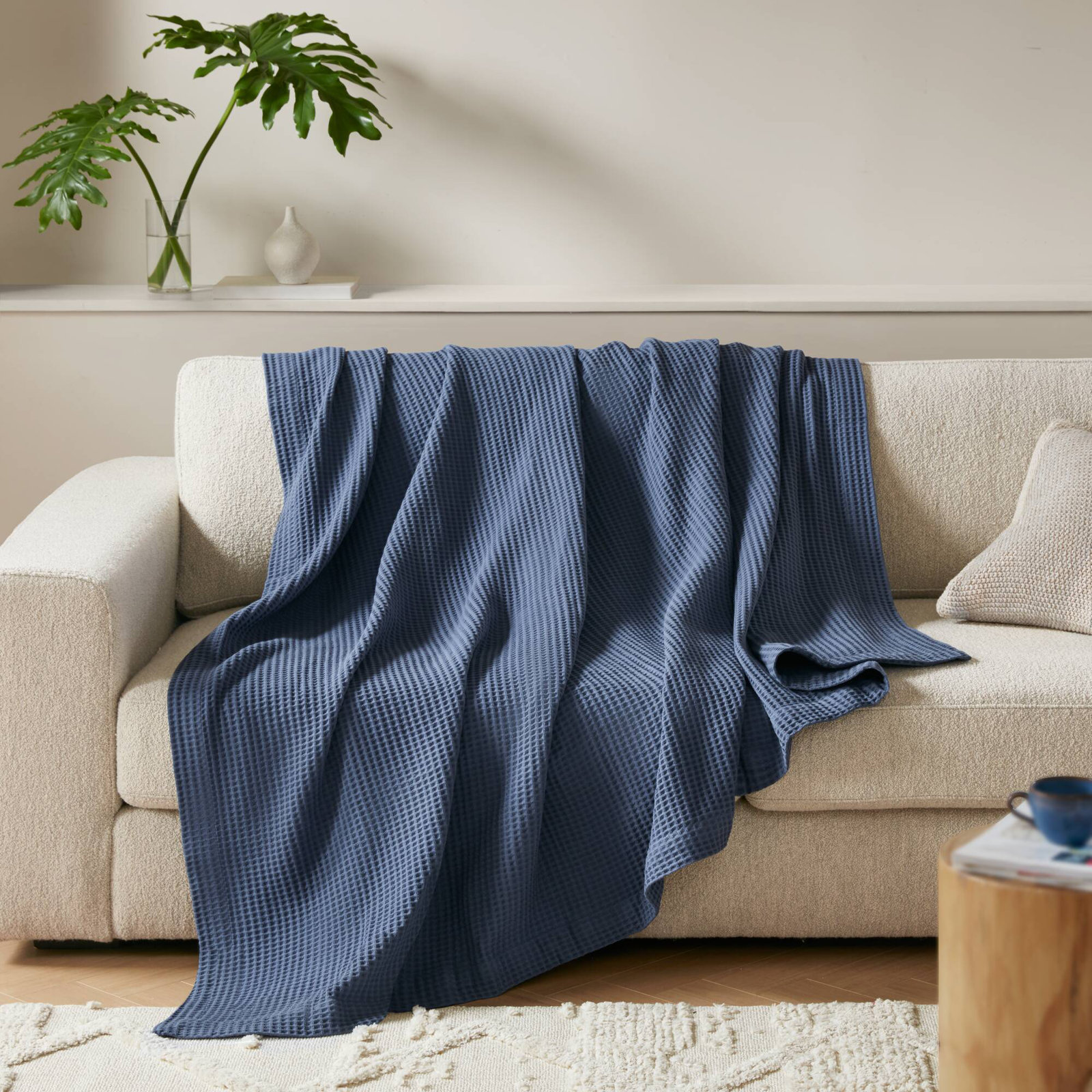 Waffle Weave Cotton Throw Blanket, Twin, Indigo
