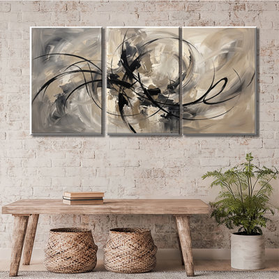 Peinture abstraite beige sur lignes courbes noires - ensemble de 3 impressions sur toiles tendues avec châssis de qualité supérieure