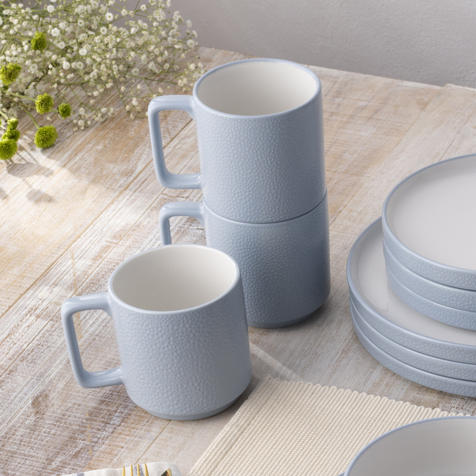 Noritake Colortex Stone Stax Mugs, 16 Oz., Aqua, Set of 4