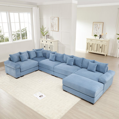Canapé modulaire surdimensionné surdimensionné en nuage, canapé modulaire convertible, accoudoirs très larges avec repose-pieds, tissu en velours côtelé de qualité supérieure, conception ergonomique, assemblage facile, pour le salon, bleu