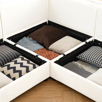 Chenille L-Shaped 3-Seater Sofa - Storage Seat + Ottoman, Cylindrical Backrest/Armrests, Hidden Storage