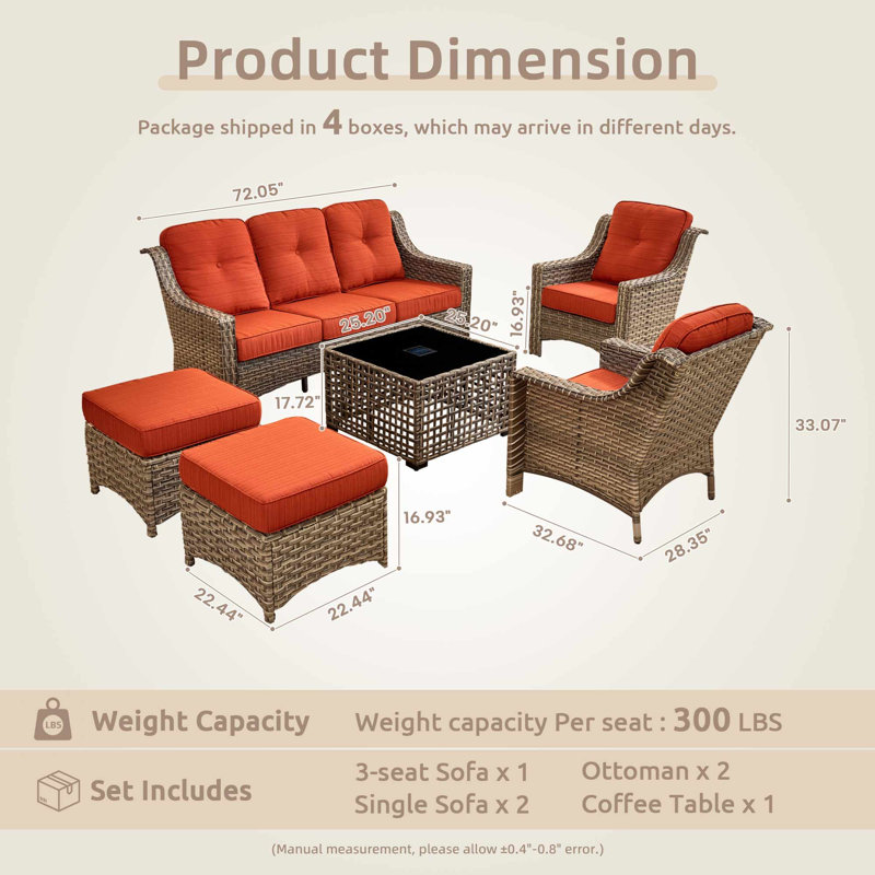 6 Piece Patio Furniture Conversation Sets With Solar Light Table,Outdoor Wicker Furniture With Ottoman, All Weather Resistant Outside High Back Rattan Patio Set