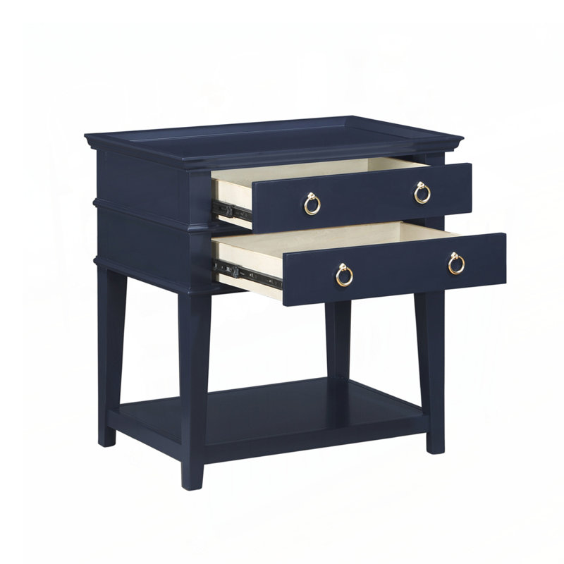 Table de chevet à 2 tiroirs avec tablette ouverte, finition bleu minuit et poignées en or brossé pour un rangement élégant