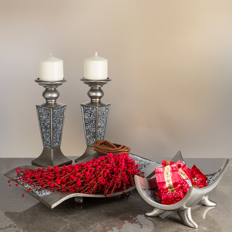 Decorative Polyresin Crackled Mosaic Candlestick, Silver