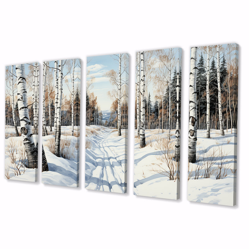 Ensemble de 5 décorations murales Winter Birch Wood Forest II - Tree Birch, H 28 po x l 60 po