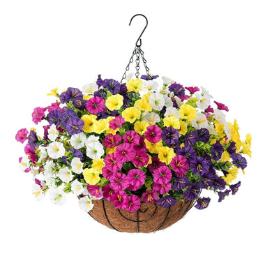 Faux fleurs artificielles avec plantes suspendues Panier de fleurs pour l'extérieur, résistant aux rayons UV, soie soyeuse suspendue Gloire du matin dans un pot à fleurs, véritable pétunias pour l'extérieur, patio, porche, balcon, décoration de jardin
