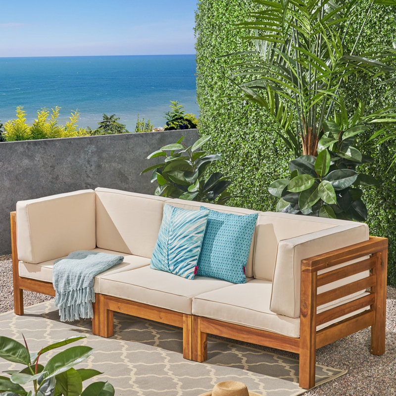 Napier Acacia 3 - Person Patio Conversation Set with Cushions, Teak Frame/Beige Cushion, 3