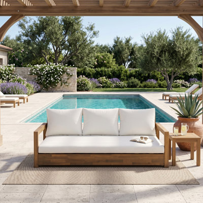 67.5'' Outdoor Acacia Wood Daybed With 6'' Thick Cushions, Low Seating 3-Person Patio Sofa