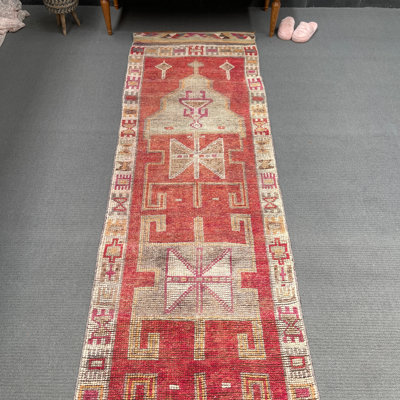 Tapis rouge en laine rétro patchwork 32,7 x 145,7 pouces