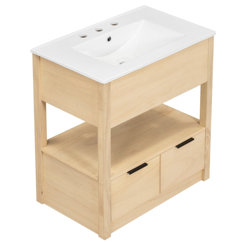 Natural Wood 30" Bathroom Vanity Cabinet with Ceramic Sink