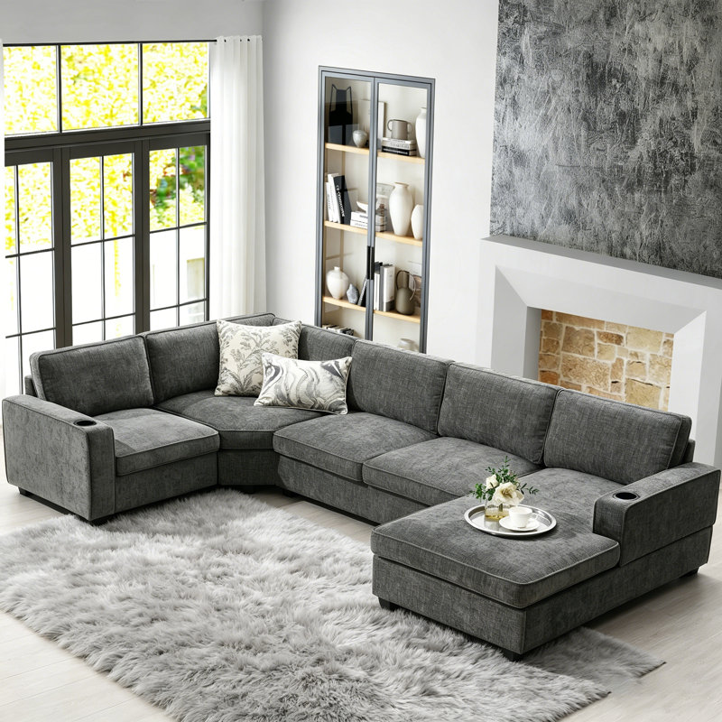 U-Shaped Sectional Sofa, 6 Seat Chenille Corner Couch Set with Cup Holders, Oversized Chaise Lounge