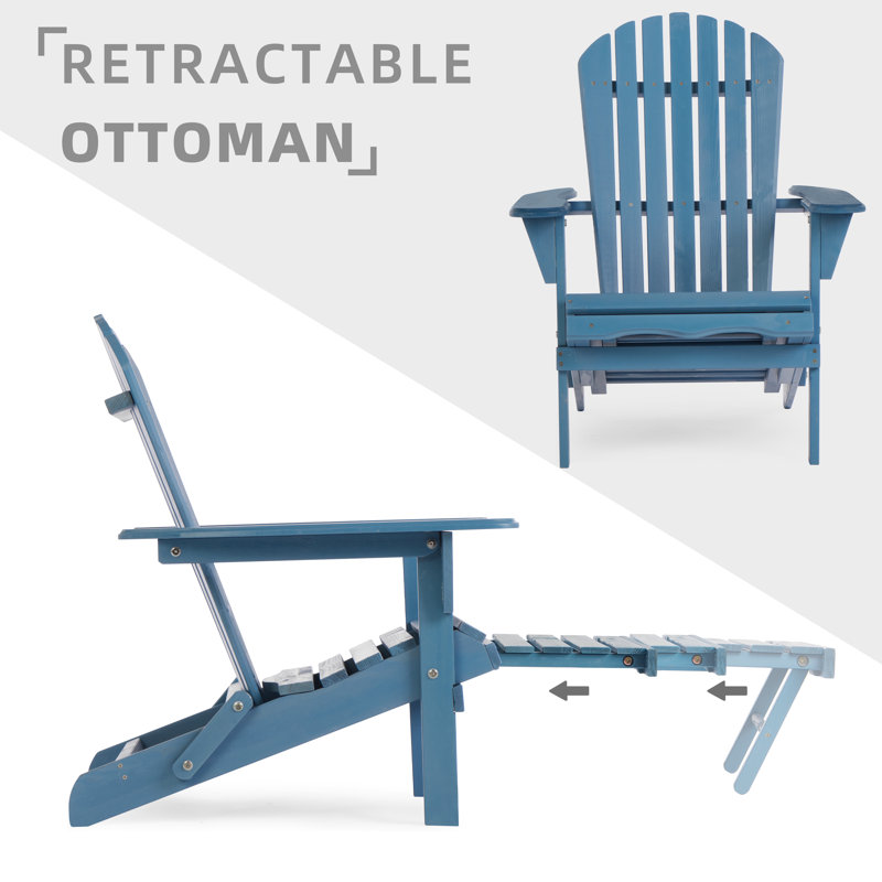 Outdoor Wooden Folding Adirondack Chairs with Retractable Ottoman, Dark Blue