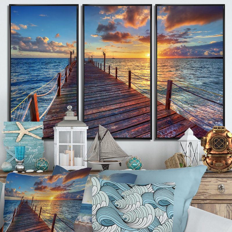 Beautiful Sunset Over Sea Pier - Ensemble d'art mural en toile encadrée