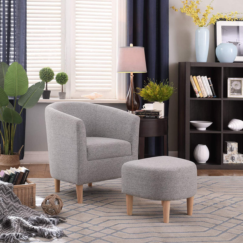 Upholstered 27" Wide Barrel Chair with Ottoman, Gray Linen Blend
