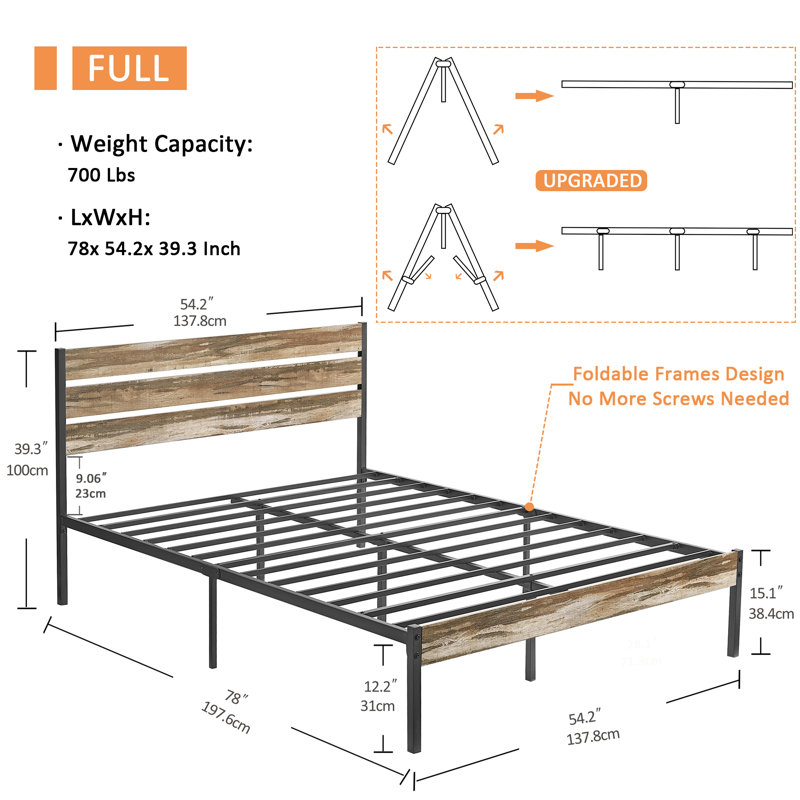 Base de lit pleine grandeur en métal avec tête et pied de lit en bois Alicia, lit plateforme rustique industriel avec support en acier robuste, aucun sommier requis, rangement sous le lit, sommier anti-bruit, gris ardoise