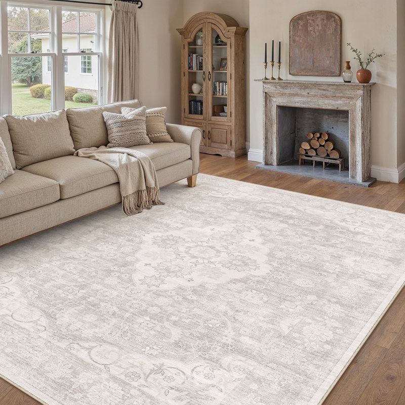 Tapis vintage lavable à la machine avec envers antidérapant, Rectangulaire 8 pi x 10 pi, Beige