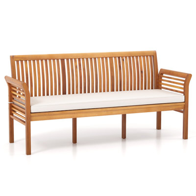 Canapé de patio d'extérieur en bois d'acacia de 62,5 po pour 3 personnes avec accoudoirs courbés et coussin de siège amovible