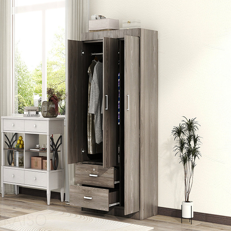 Armoire 3 portes avec 2 tiroirs, effet grain de bois gris, Gris