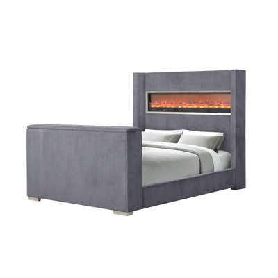 Gray Color 1Pc Queen Size Bed Wing Back Design Headboard Bedroom Furniture TV Lift Footboard Contemporary Style