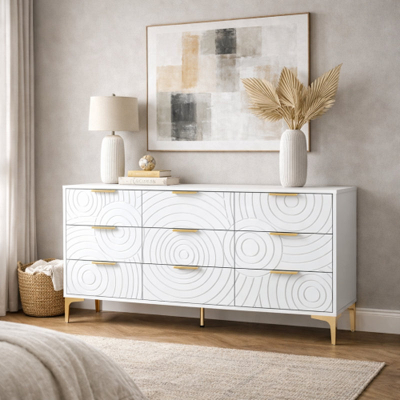 Commode 9 tiroirs en bois avec pieds et poignées en métal, Blanc