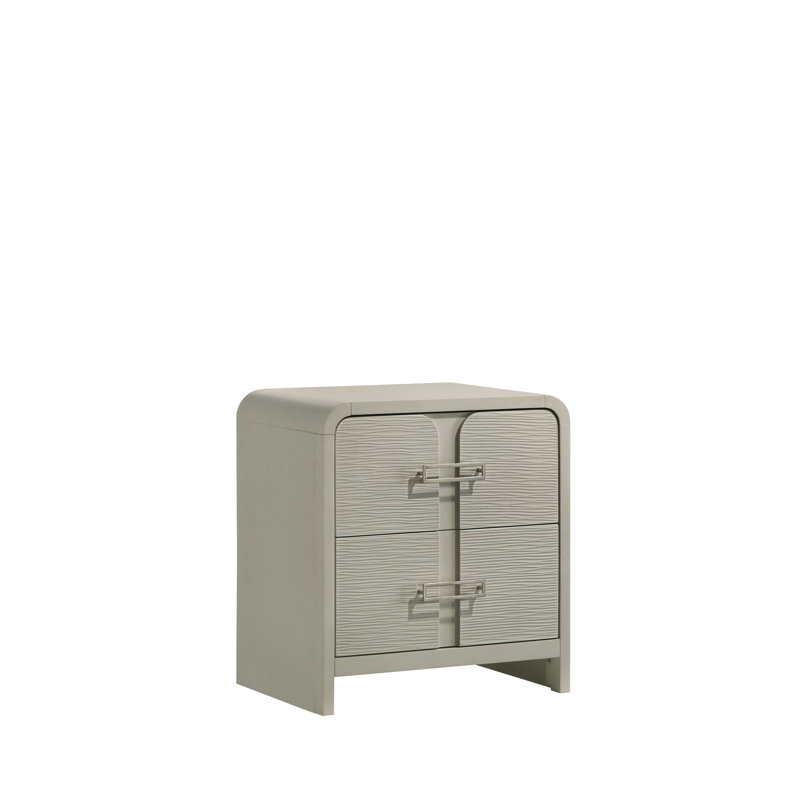 Table de chevet moderne à 2 tiroirs avec façade texturée, poignées en métal et système de roulement à billes beige