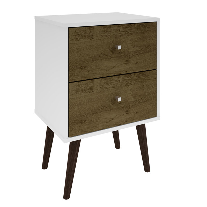 Table de chevet moderne à 2 tiroirs Liberty de l 18 po de style Mid-Century blanc et brun rustique, Blanc / Brun rustique