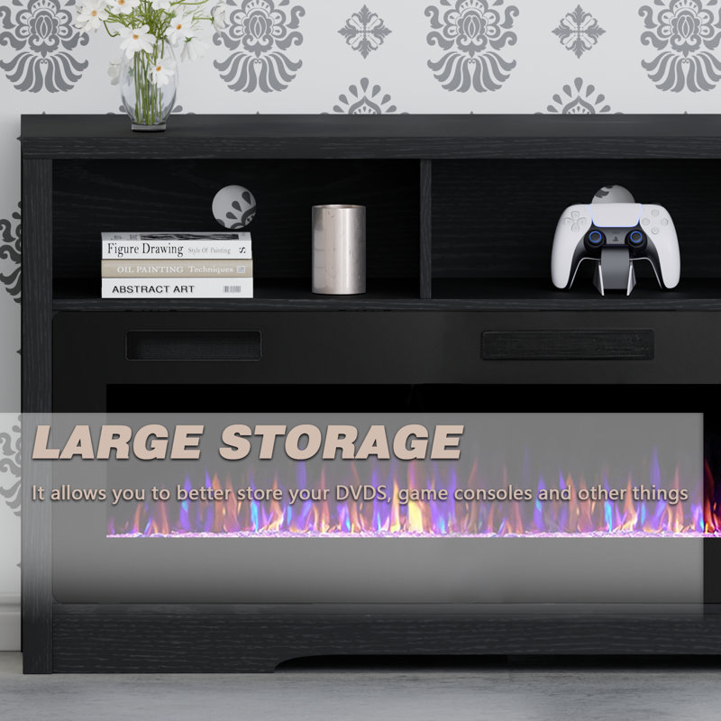 Alazik Storage Credenza with Electric Fireplace Included, Black