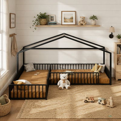 Double lit simple en L Montessori, structure de lit d'angle en métal avec clôture, lit de plancher de style maison pour 2 enfants, sans lattes