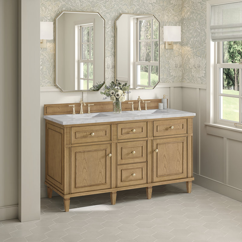 Lorelai 60'' W Double Vanity, Victorian Silver Silestone, Light Natural Oak, 8" Widespread