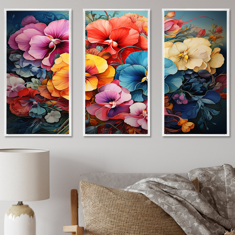 Ensemble de salon art mural coloré Pansy Garden - Pansies, H 28 po x l 36 po x P 1 po, Cadre flottant blanc