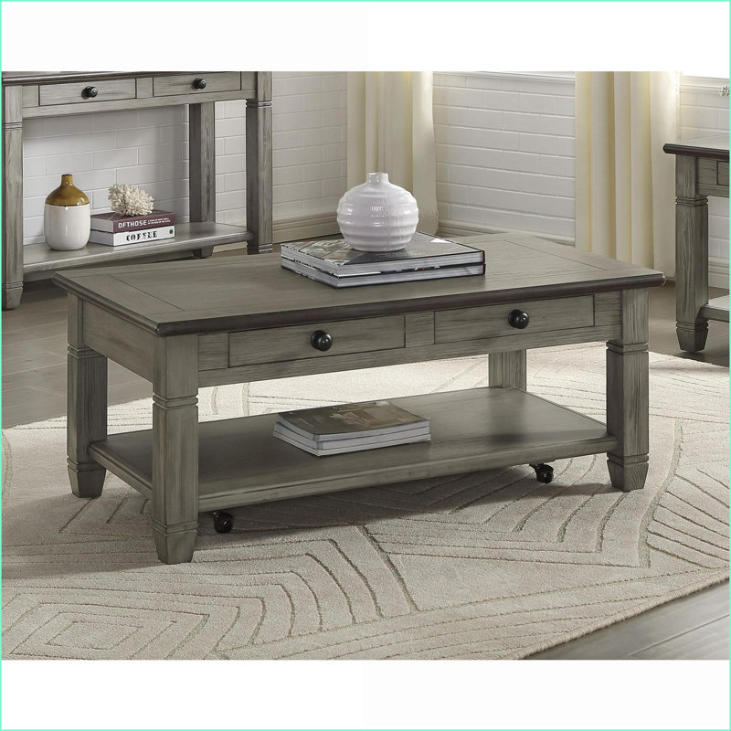 Table basse en bois gris et antique pour le salon, 2 tiroirs + tablette, facile à déplacer avec roulettes