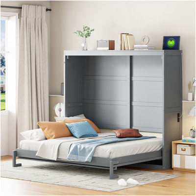 Lit escamotable double pleine grandeur, gris