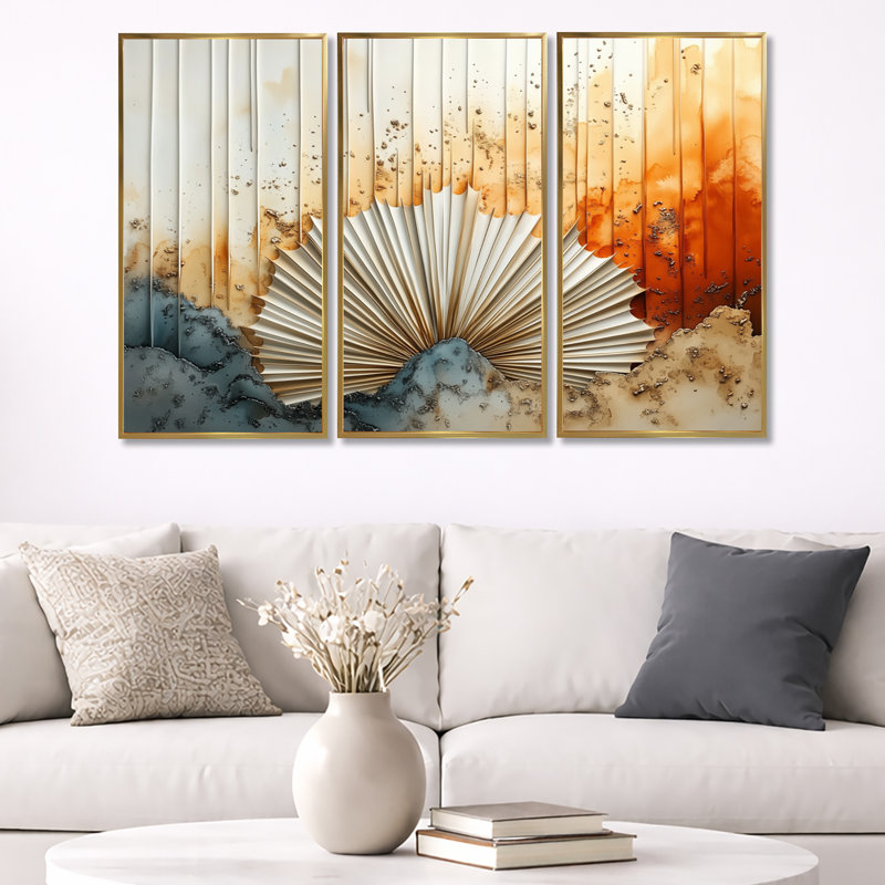 Radiant Desert Sunburst I - Boho, art abstrait encadré 3 panneaux, Cadre flottant doré, H 32 po x l 48 po